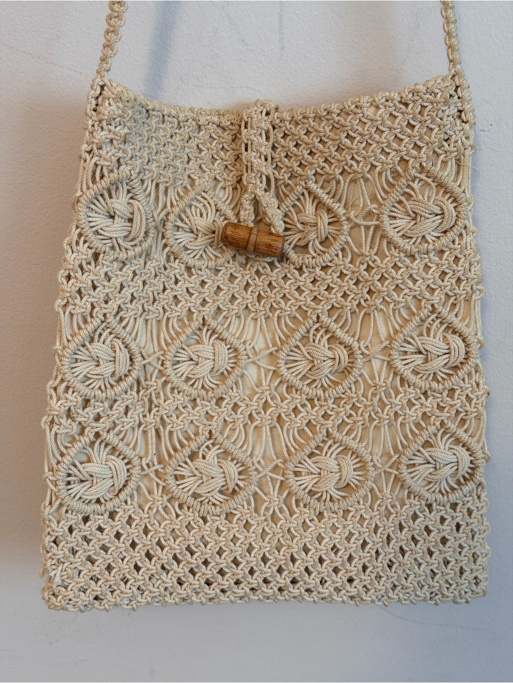 Vintage Woven Macramé Shoulder Bag in Cream